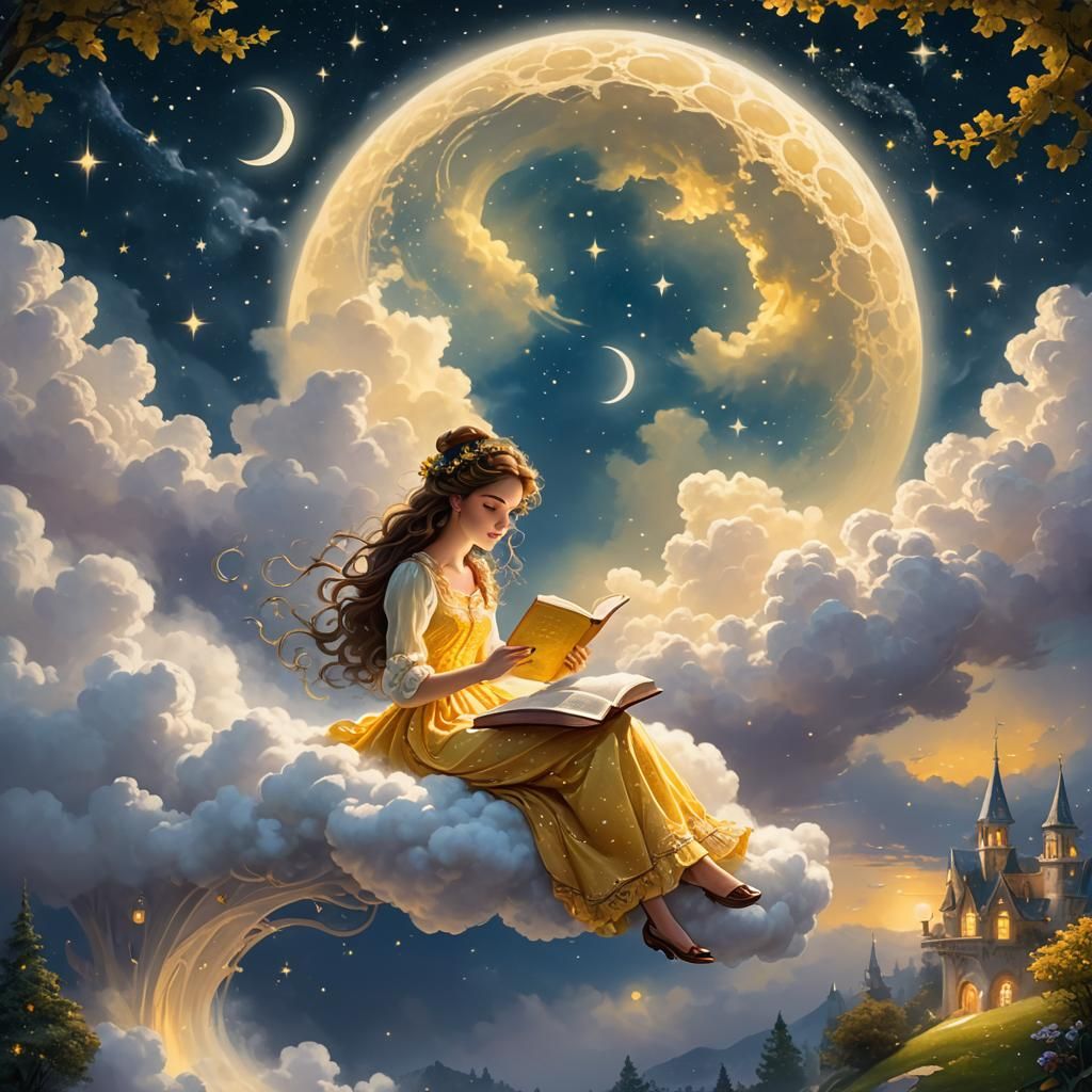 Woman Reading on Cloud in Ethereal Fantasy Style