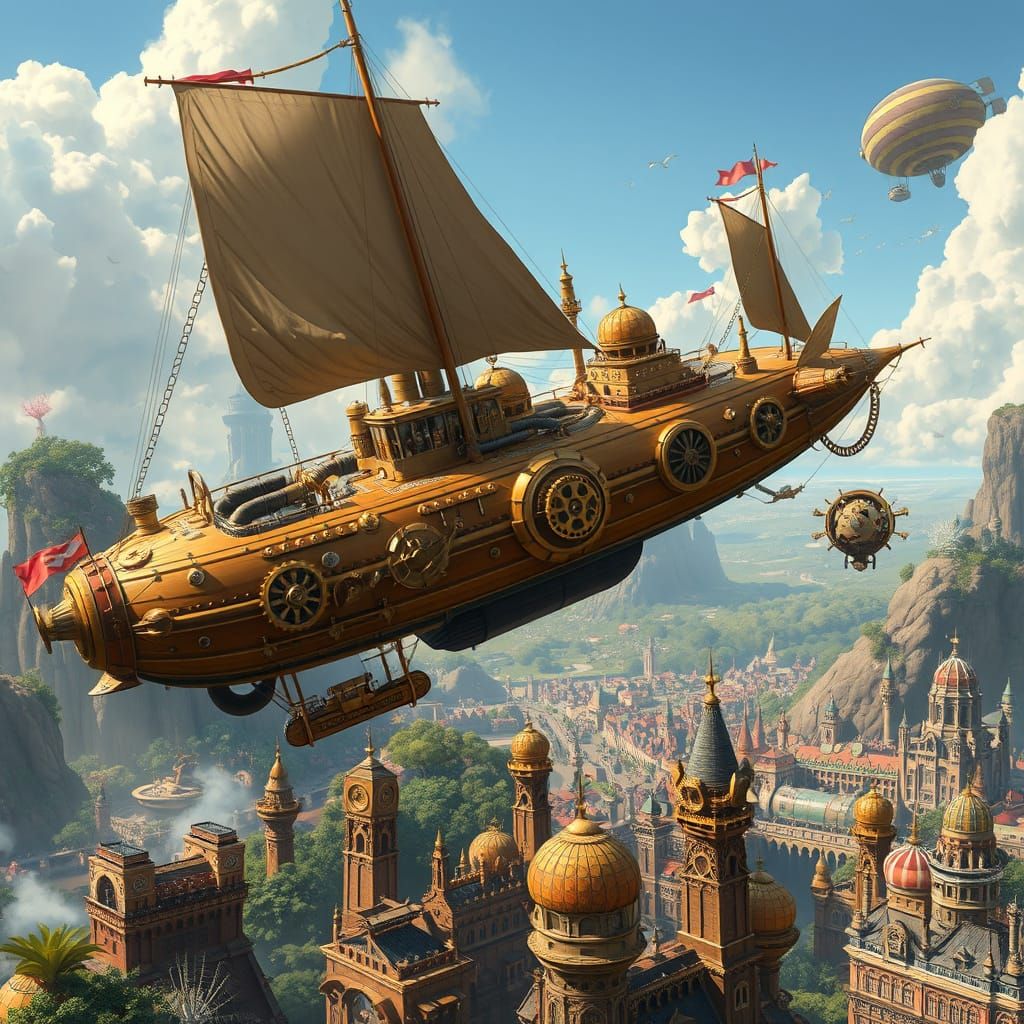 Steampunk Airship Soaring Through Floating Islands