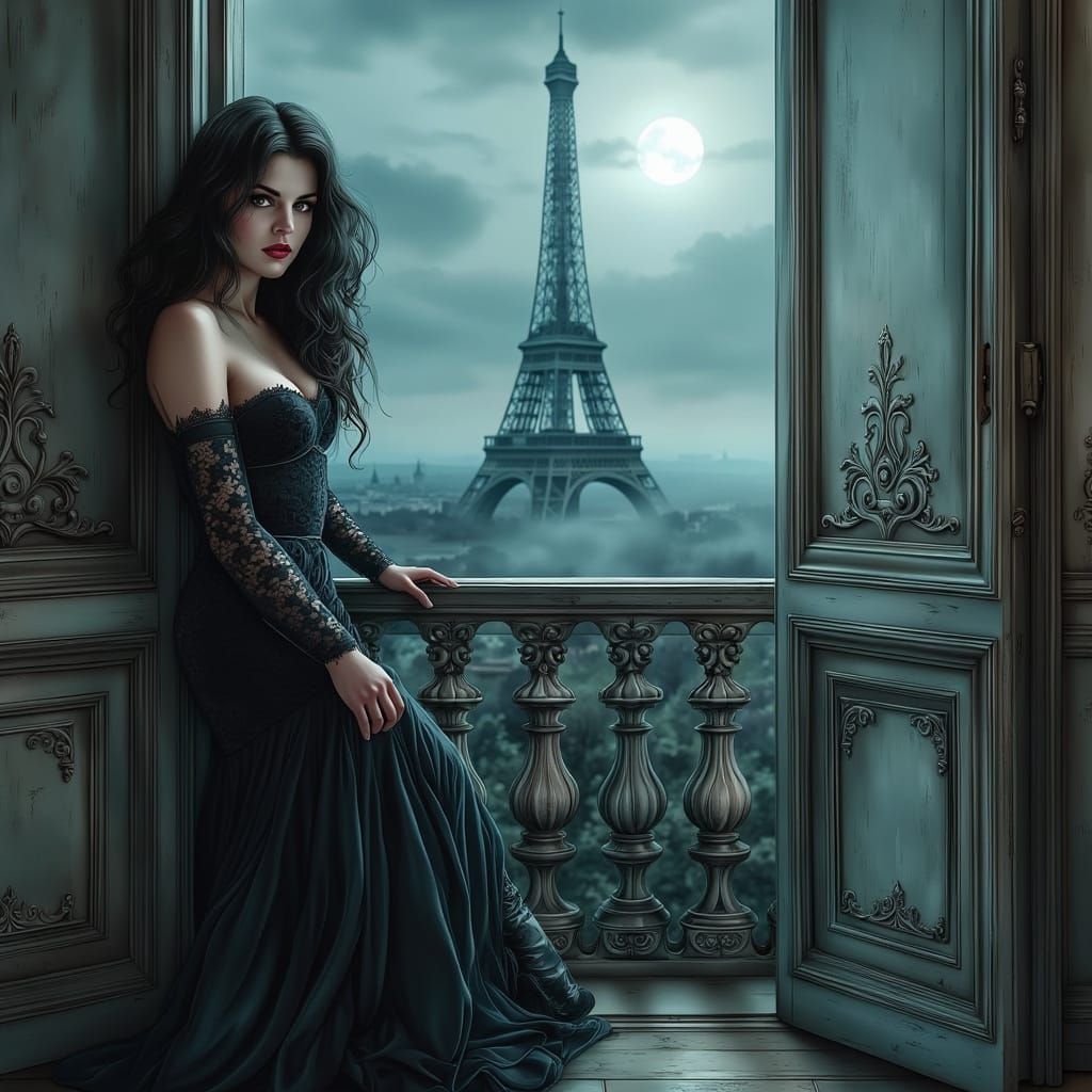 Ethereal Gothic Goddess in Moonlit Parisian Landscape
