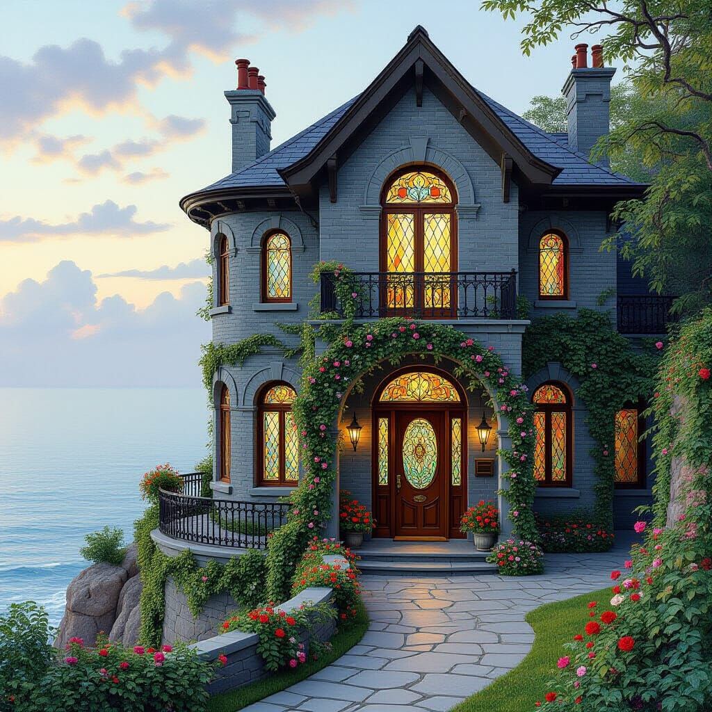 Cliffside Circular House in Pre-Raphaelite Style