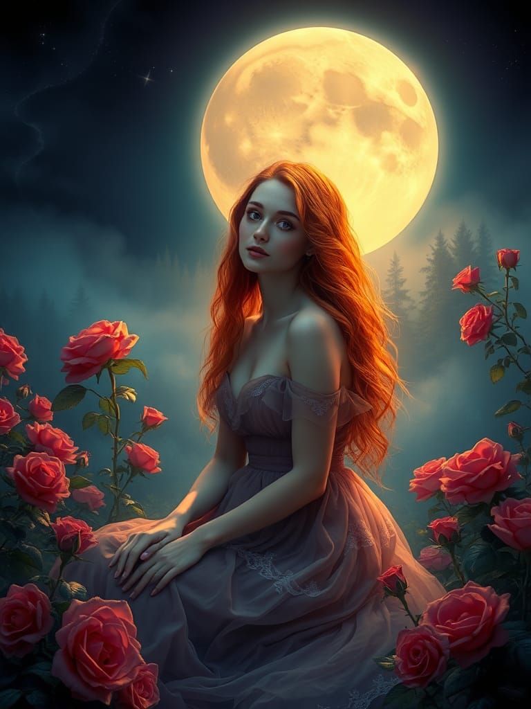 Ethereal Redhead in Rose Garden with Super Moon