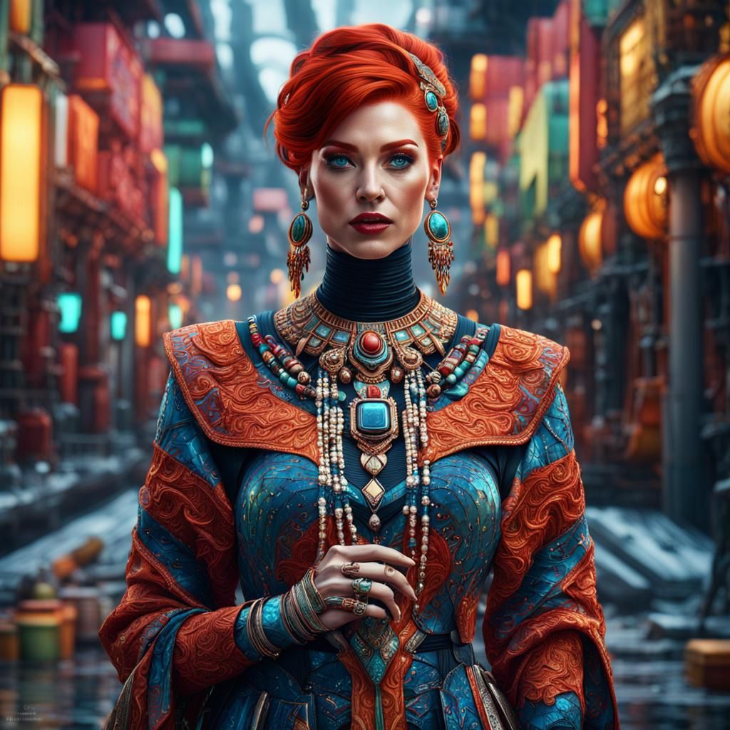 Hyperrealistic Portrait of Redhead with Futuristic Jewelry