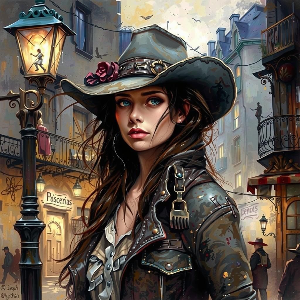 Cowgirl in Dark Fantasy French Street Scene