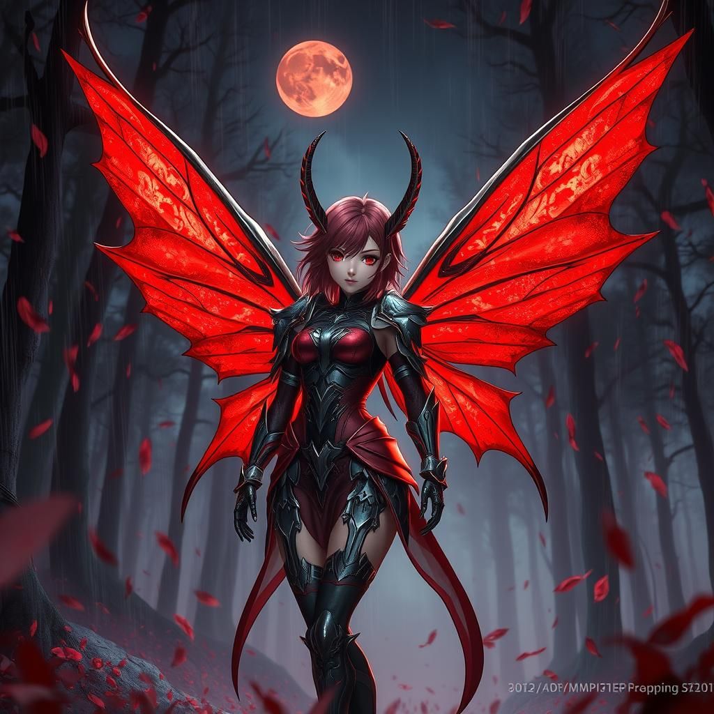 Maniacal evil redhead and red winged fairly showering in the blood of her enemies. During a blood moon in a forest By ar...