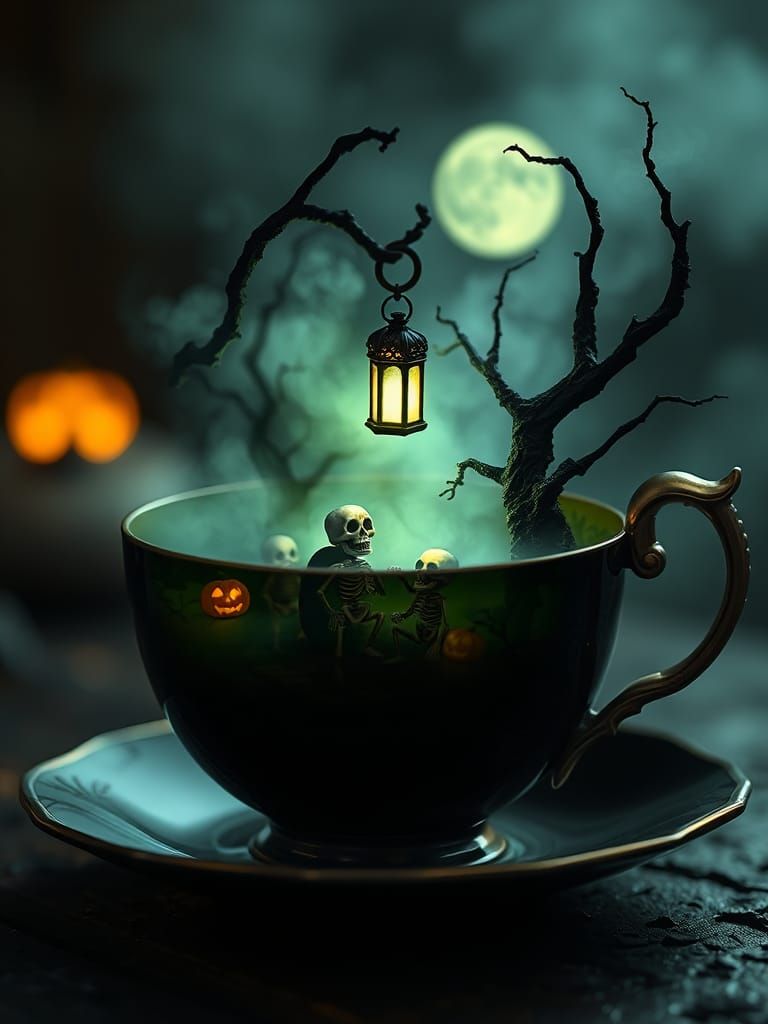 Graveyard Scene Inside Antique Teacup, Gothic Horror