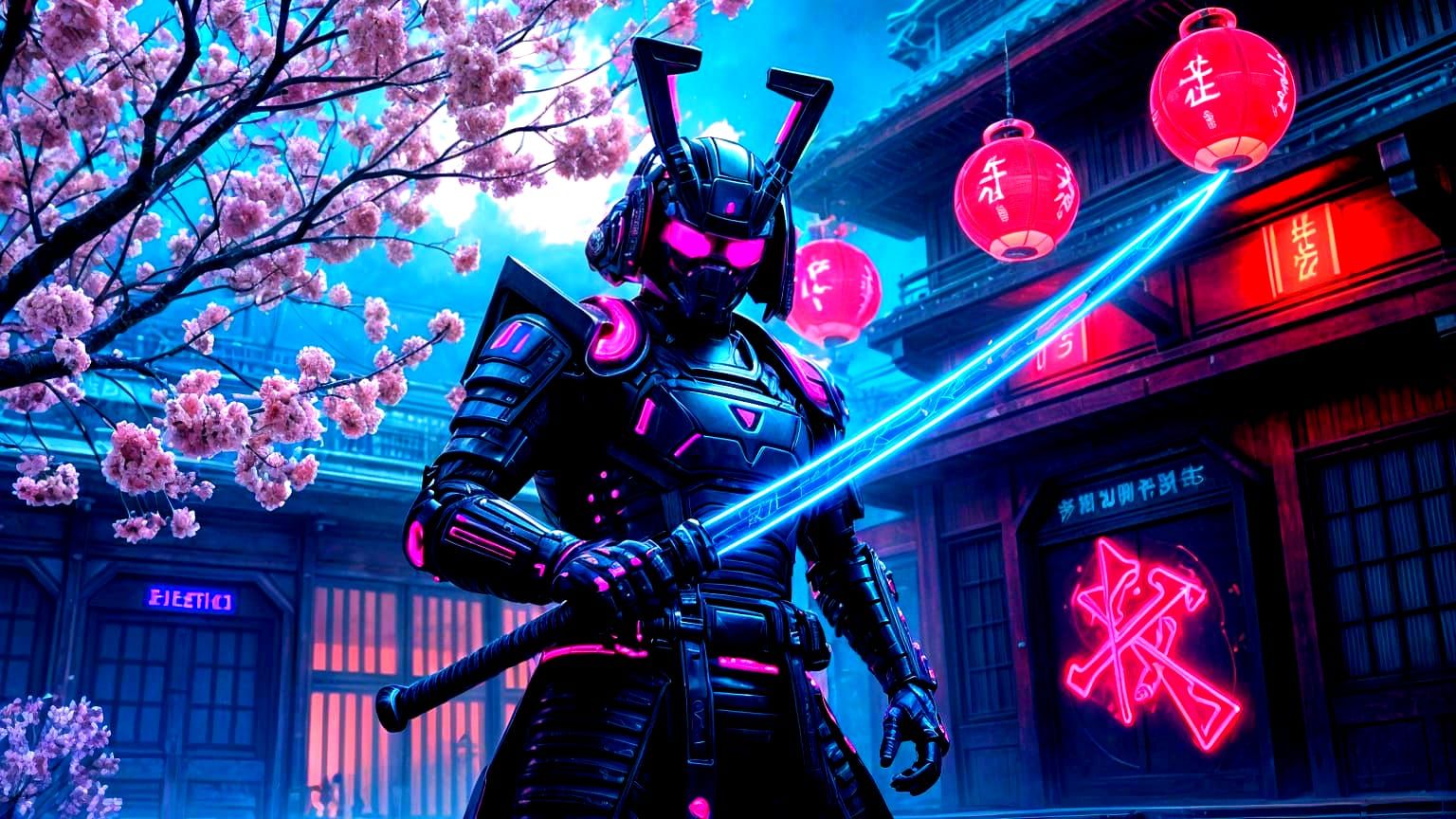 Synthwave Samurai Guards Futuristic Dojo with Glowing Katana
