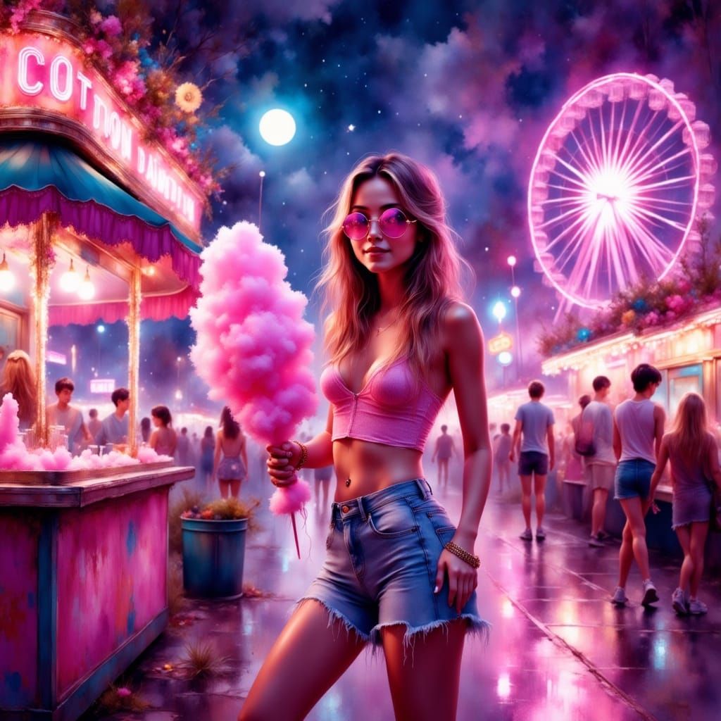 Neon Carnival: Synthwave Girl with Cotton Candy