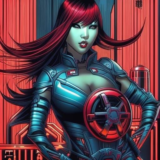 Cyberpunk Red-Haired Girl with Beer, Comic Book Art