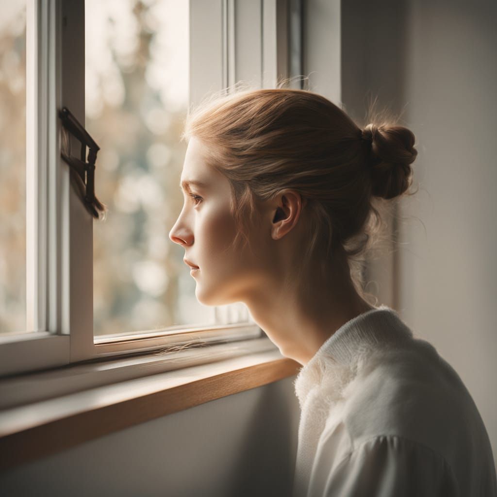 Person Looks Out Window in Nordic Oil Painting Style