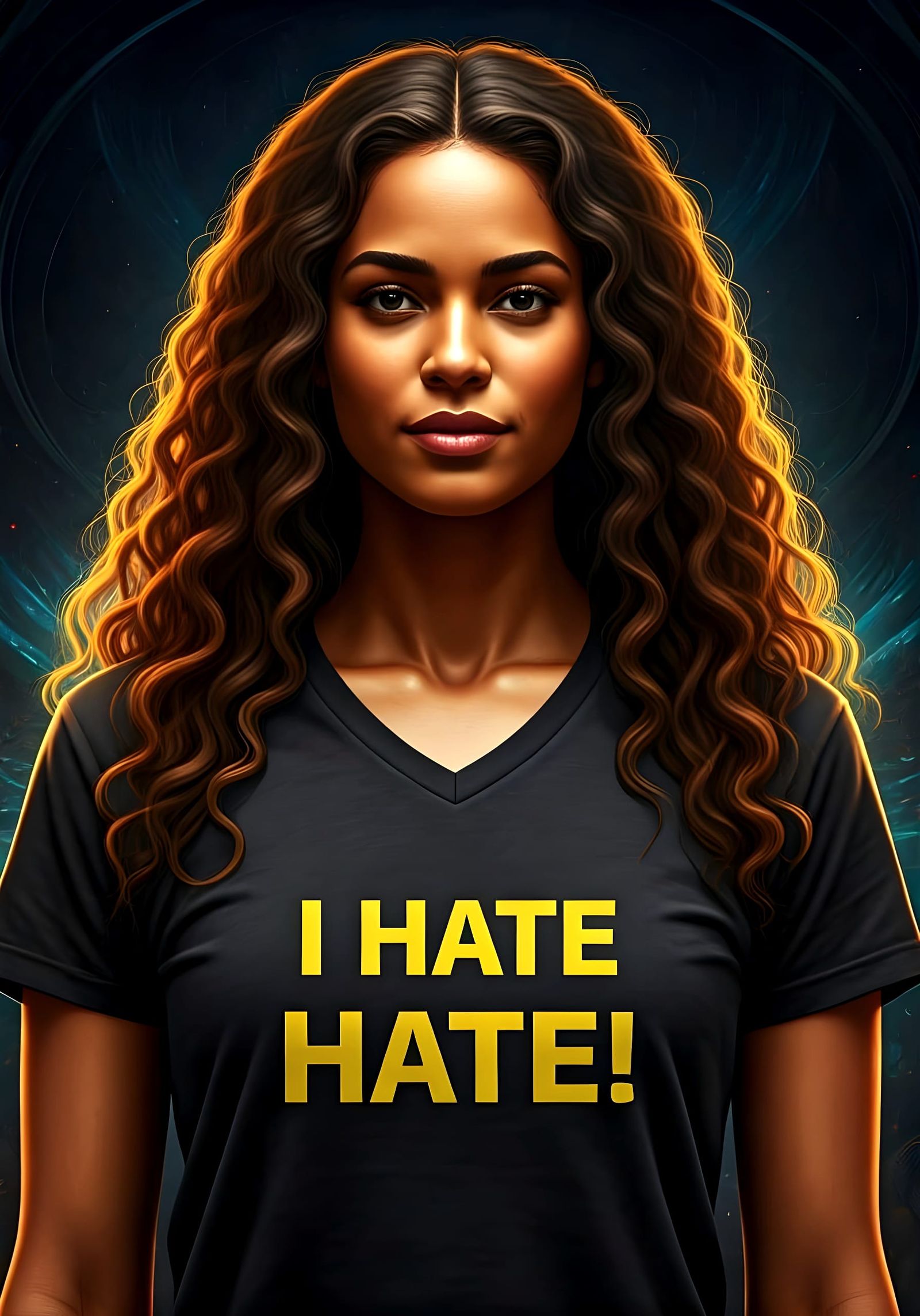 Woman's T-Shirt with Anti-Hate Slogan in Vibrant Fantasy Wor...