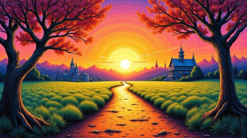 Serene Path to Dawn in Ink and Impasto