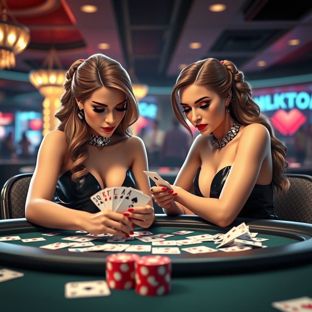 Twin Women Play Blackjack in Luxurious Casino
