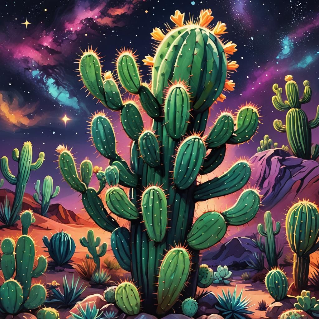 Glowing Cactus in Starry Desert: Astral Illustration