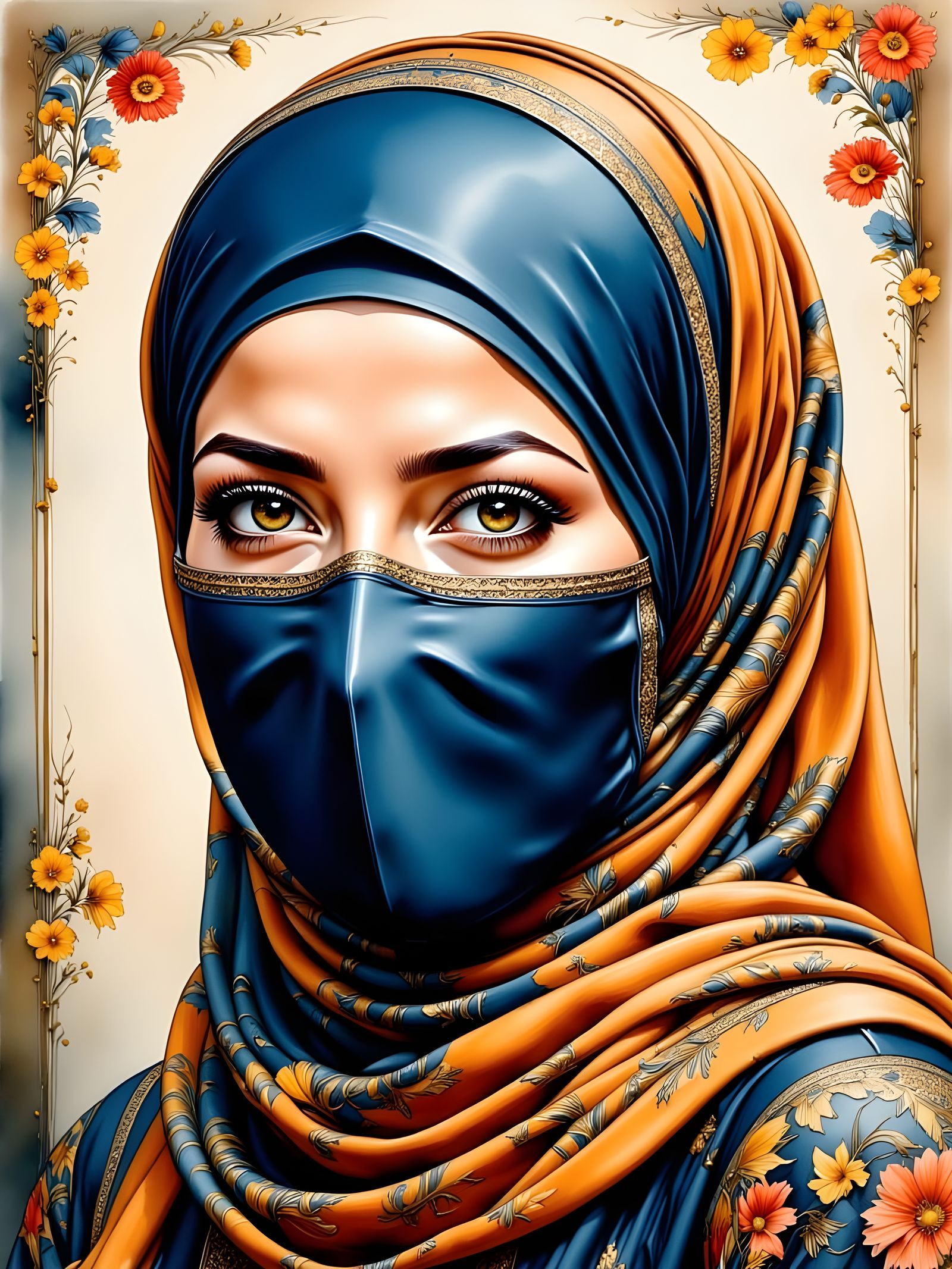 Beautiful Woman in Hijab and Facemask, Oil-Guache Style