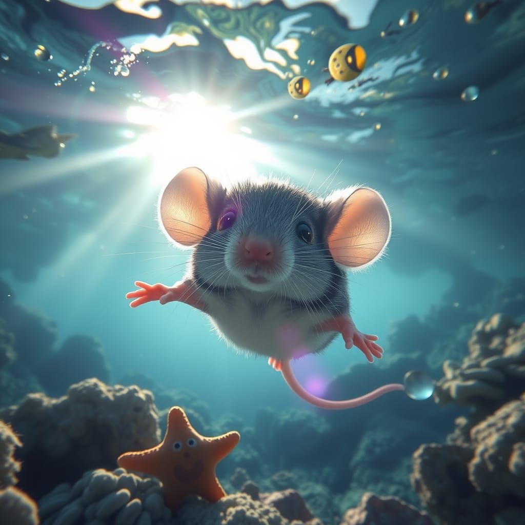 Cute Mouse Dives Underwater with Vibrant Sea Life