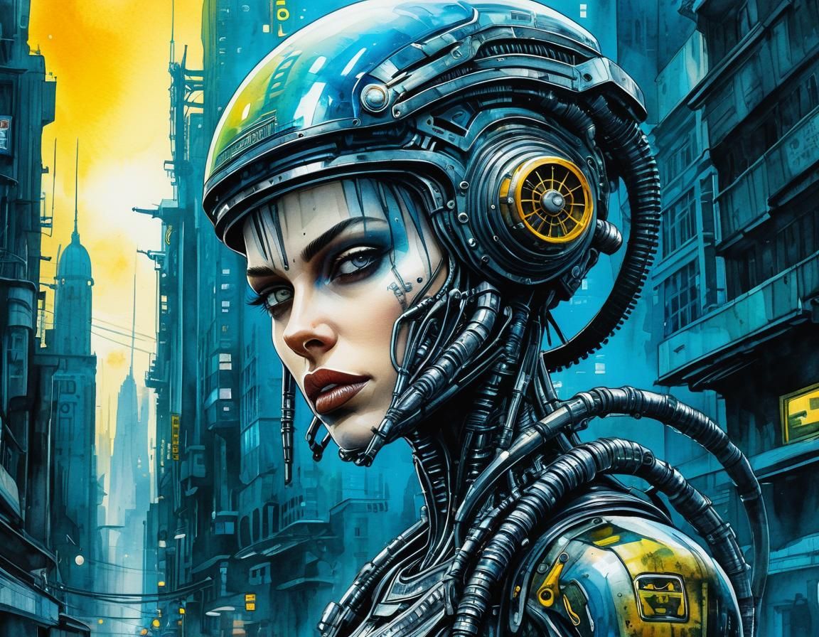 Biopunk Girl Portrait in Watercolor Style