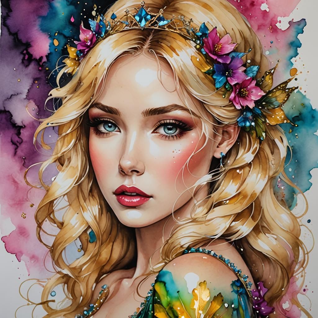 Fairy Princess Portrait in Mixed Media Alcohol Inks