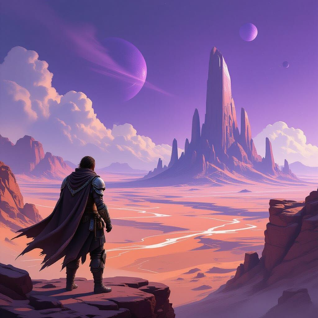 Alien Desert Landscape with Adventurer and Crumbling Metropo...