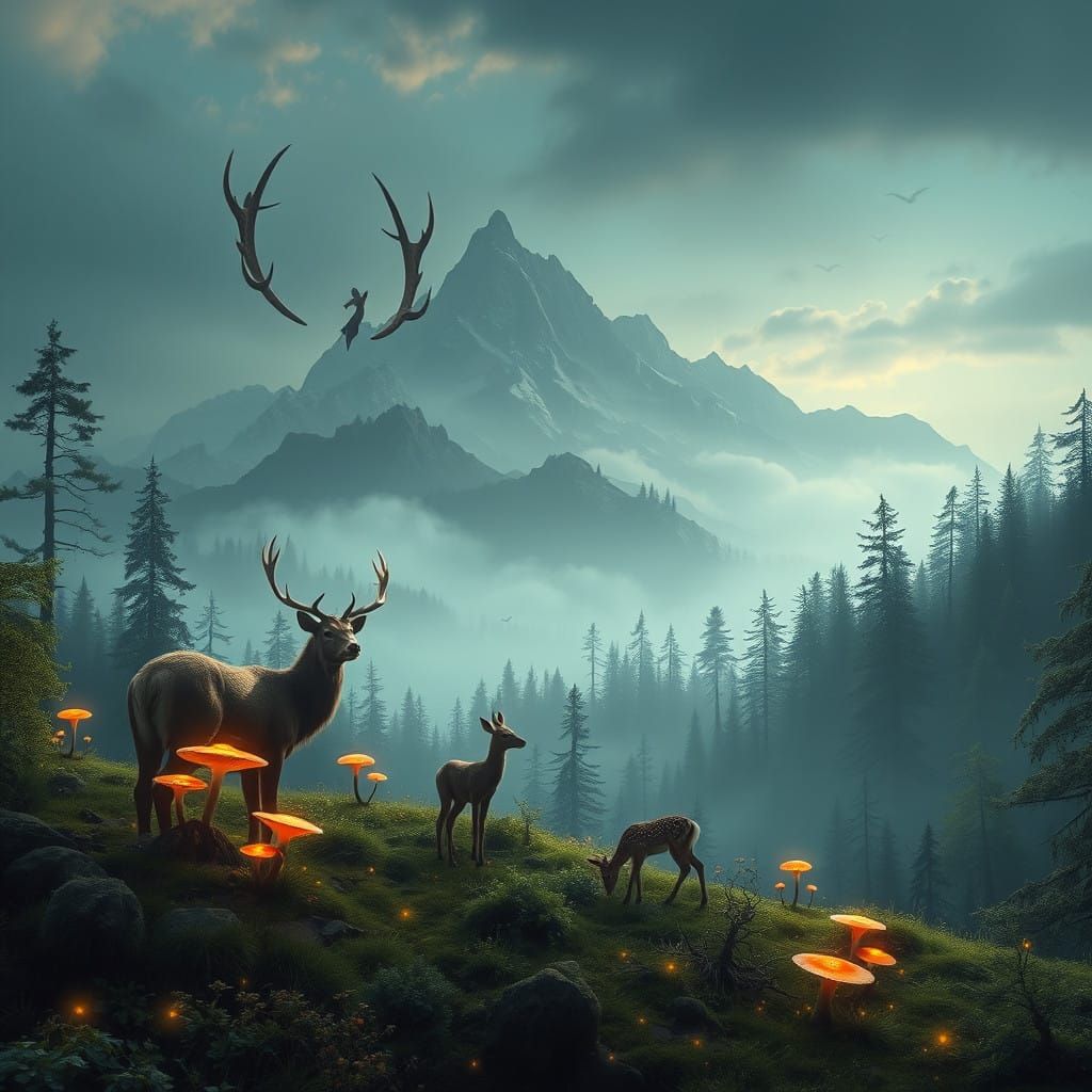Dreamlike Forest with Majestic Stag and Fawn in Whimsical La...