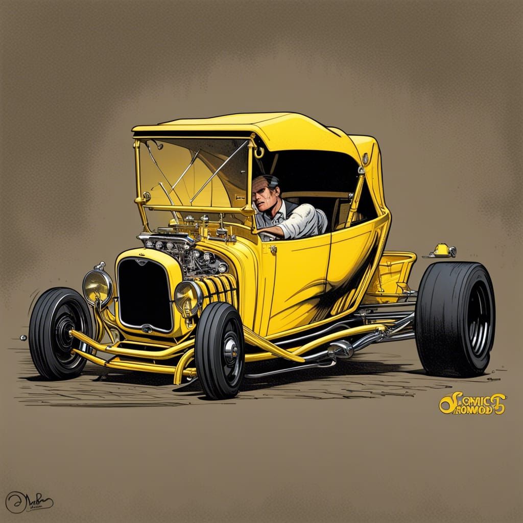 Yellow 1923 Ford Bucket-T Wheelie in Comic Art Style