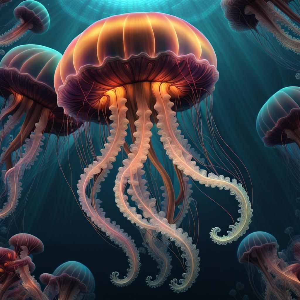 colorful gothic jellyfish gracefully swimming deep in the ocean