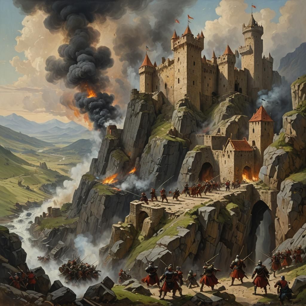 Castle Ruins Under Attack in Mountainous Landscape