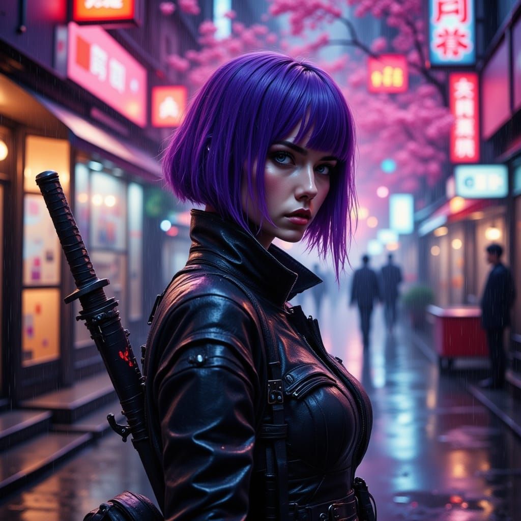 Cyberpunk Woman with Purple Hair in Neon Tokyo Alley