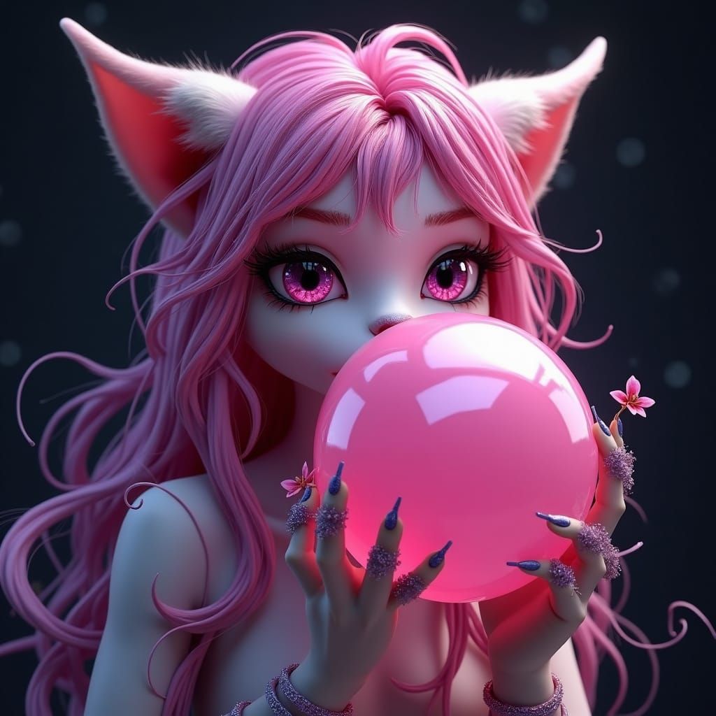 Feline Hybrid with Pink Hair Blowing Bubble Gum