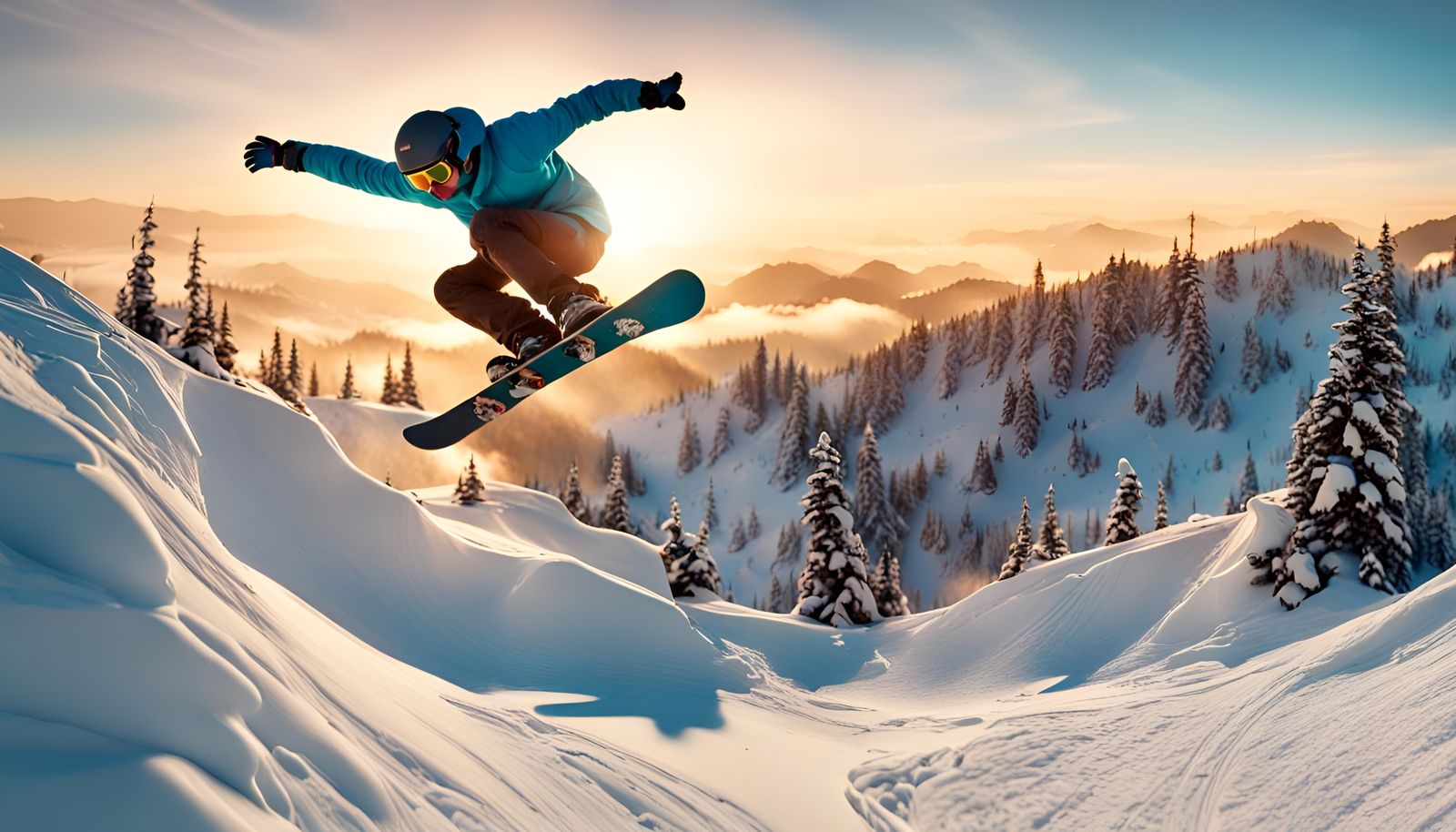 Snowboarder's Golden Hour Jump in Graffiti Art Style