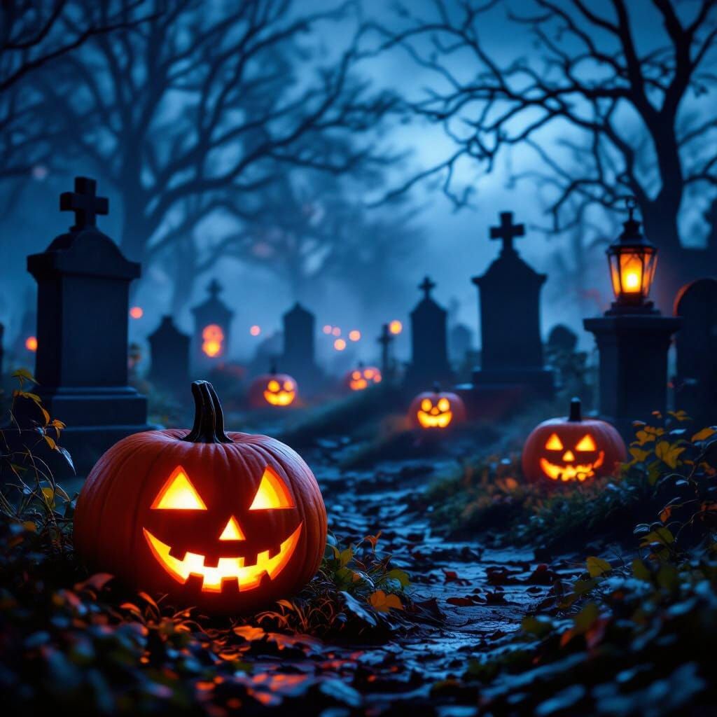 Misty Graveyard Halloween Night with Glowing Pumpkins