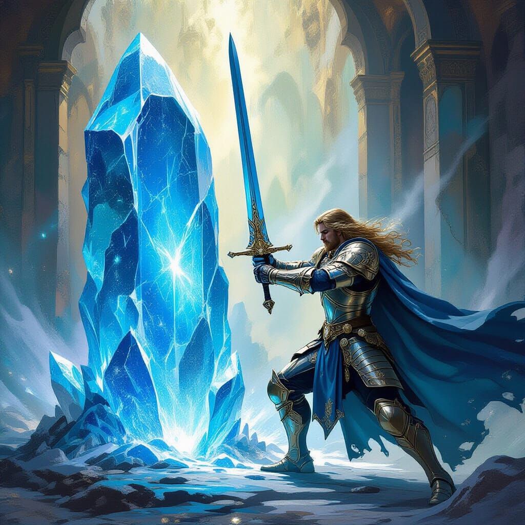 King Arthur Pulling Excalibur from Blue Crystal