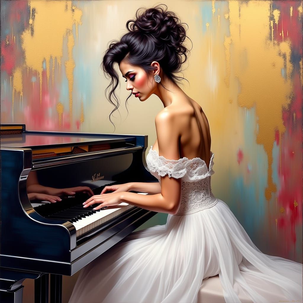 Impressionistic Woman at Piano in Grand Gown