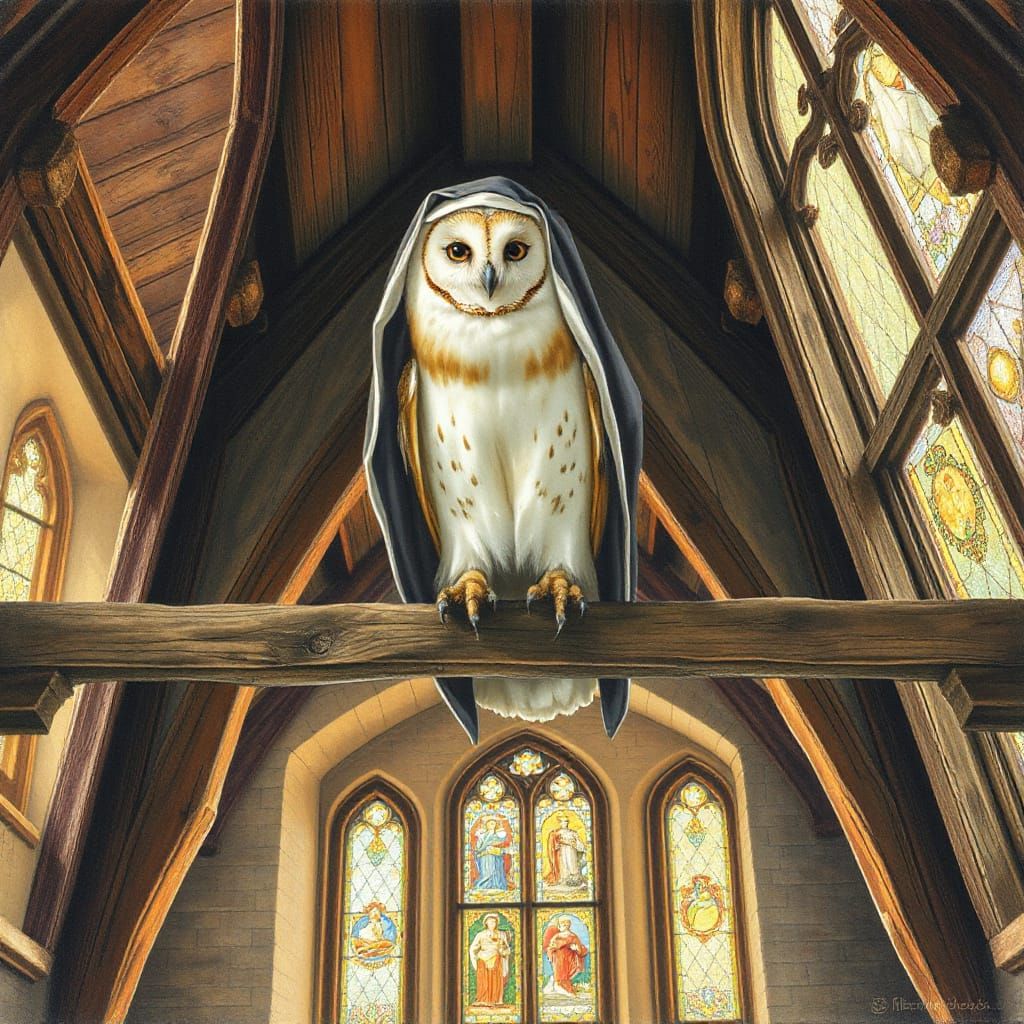 A Regal Barn Owl in Nun's Habit Amidst Golden Light and Stai...