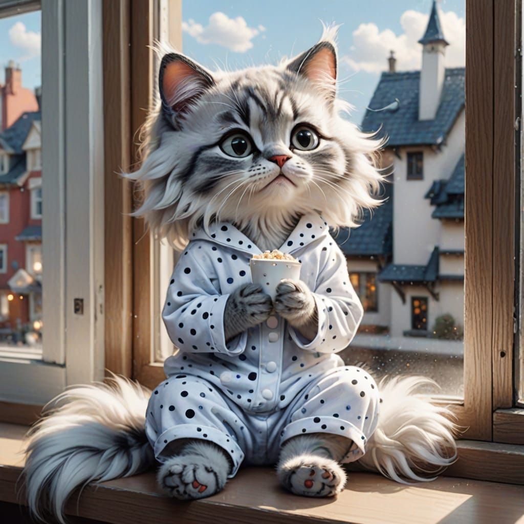 Marie Cat as Cartoon Girl on Windowsill