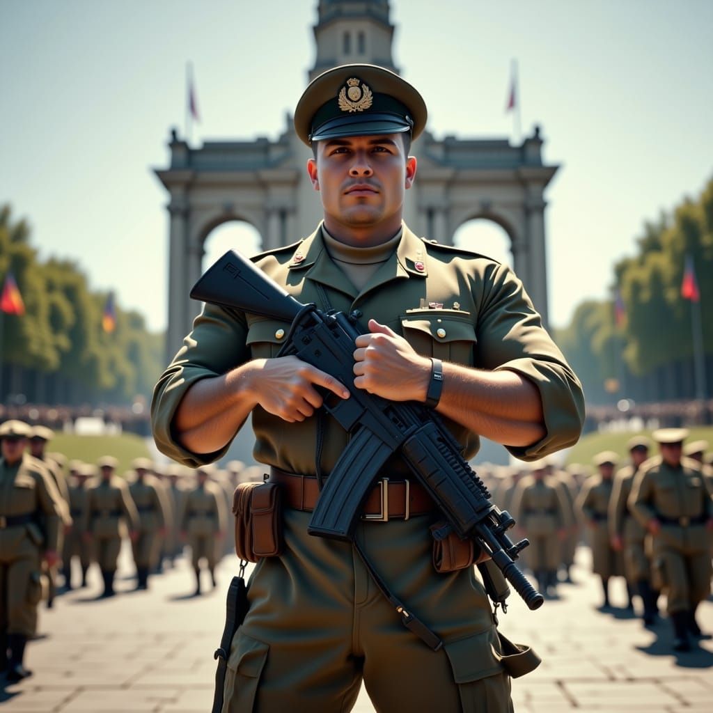 Soldier at War Monument with Eternal Flame