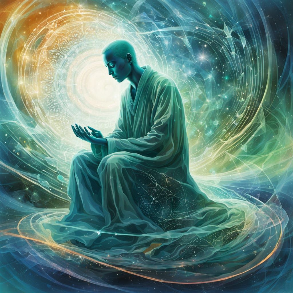 Ethereal Form in Iridescent Robe, Surrounded by Glowing Code...