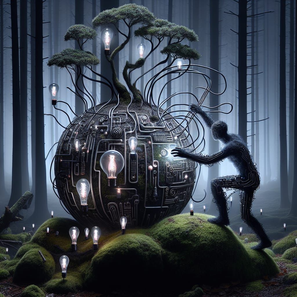 Ethereal Figure Serenades Surreal Forest with Bonsai