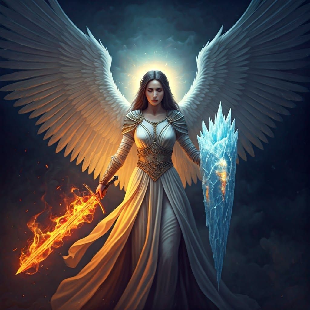 Angel Warrior Descends with Fiery Sword and Ice Shield in Go...