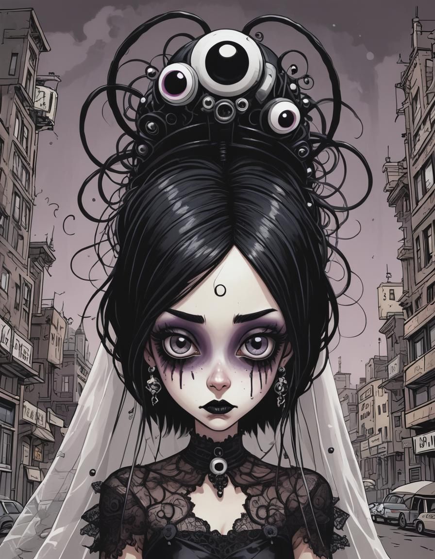 Gothic Bride in Dystopian Cartoon Style