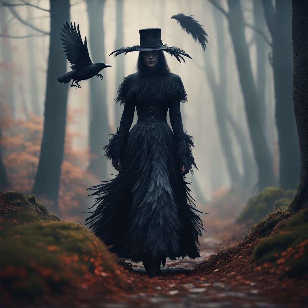 Raven Woman in Misty Forest: Fantasy Concept Art