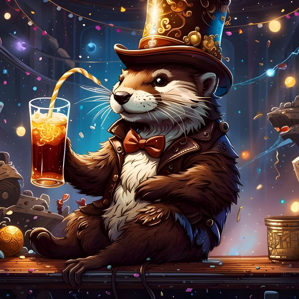 Otter Celebrates with Root Beer in Fantasy Art Style