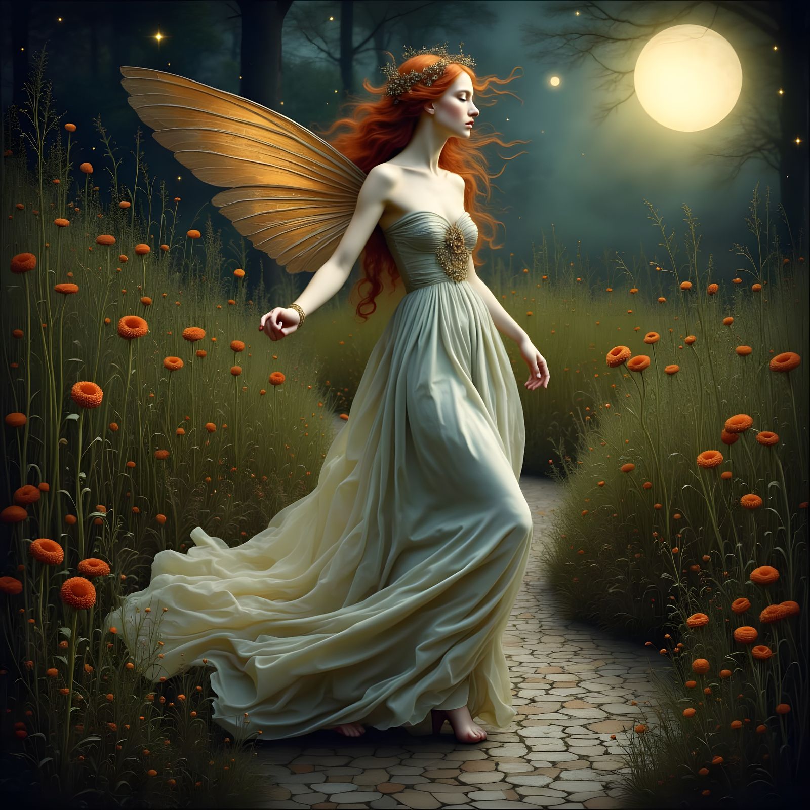 Fairy Dances in Moonlit Glade, Folk Art Nouveau