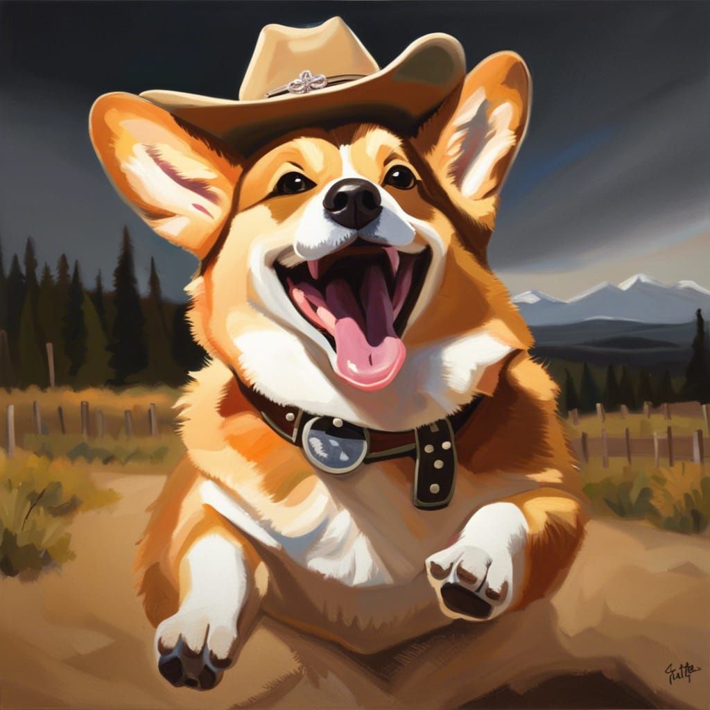 Cowboy Corgi on Horseback in Oil Painting Style