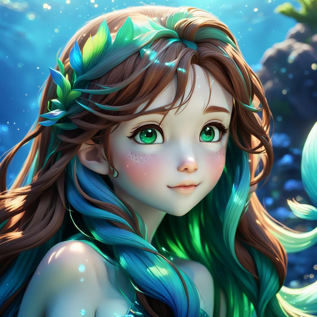 Anime Mermaid with Blue and Green Tail