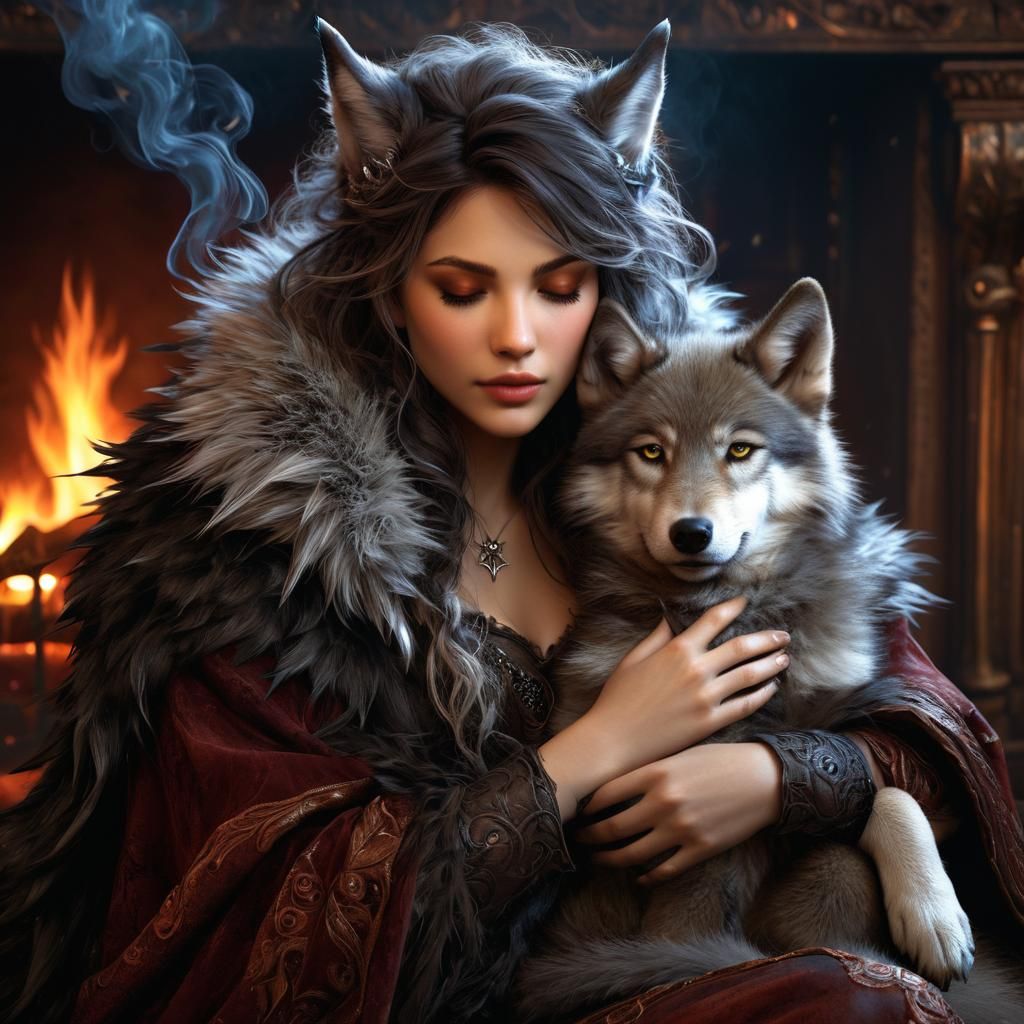 Enchanting Wolf Witch Cuddles Pup by Fireplace