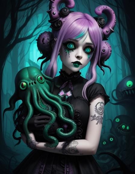 Pastel Punk Princess with Cthulhu Doll: Surreal Art