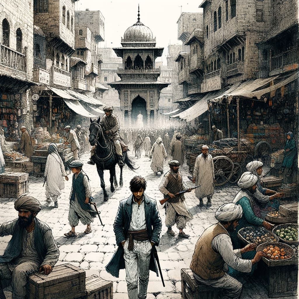 Black and White Architectural Drawing of Bustling Town Squar...