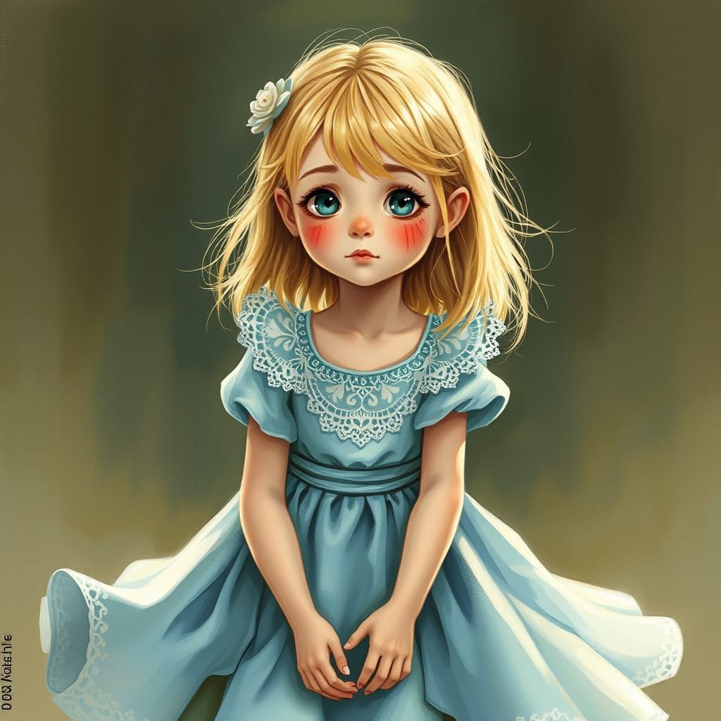 Scarred Girl in Blue Dress: Miyazaki-Rockwell-Loish Blend