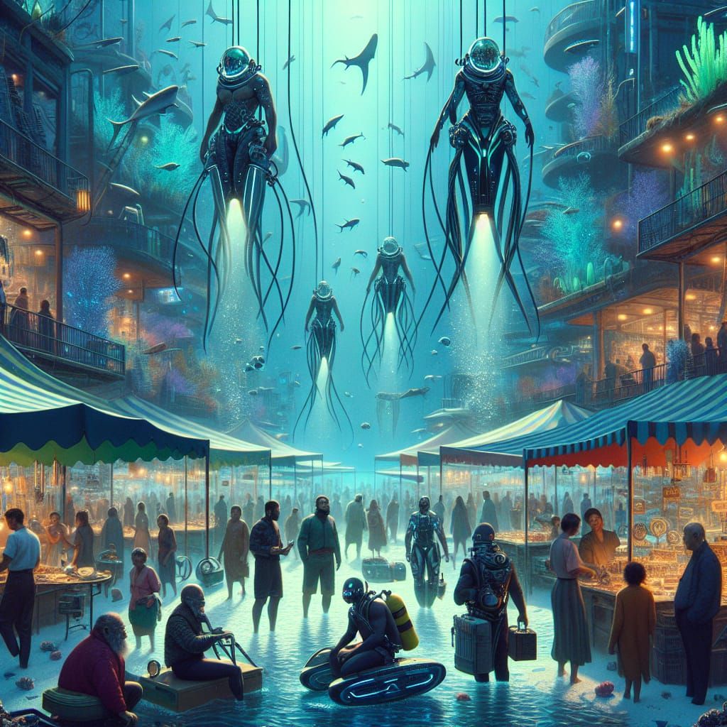 Bustling Underwater Market with Futuristic Diving Suits