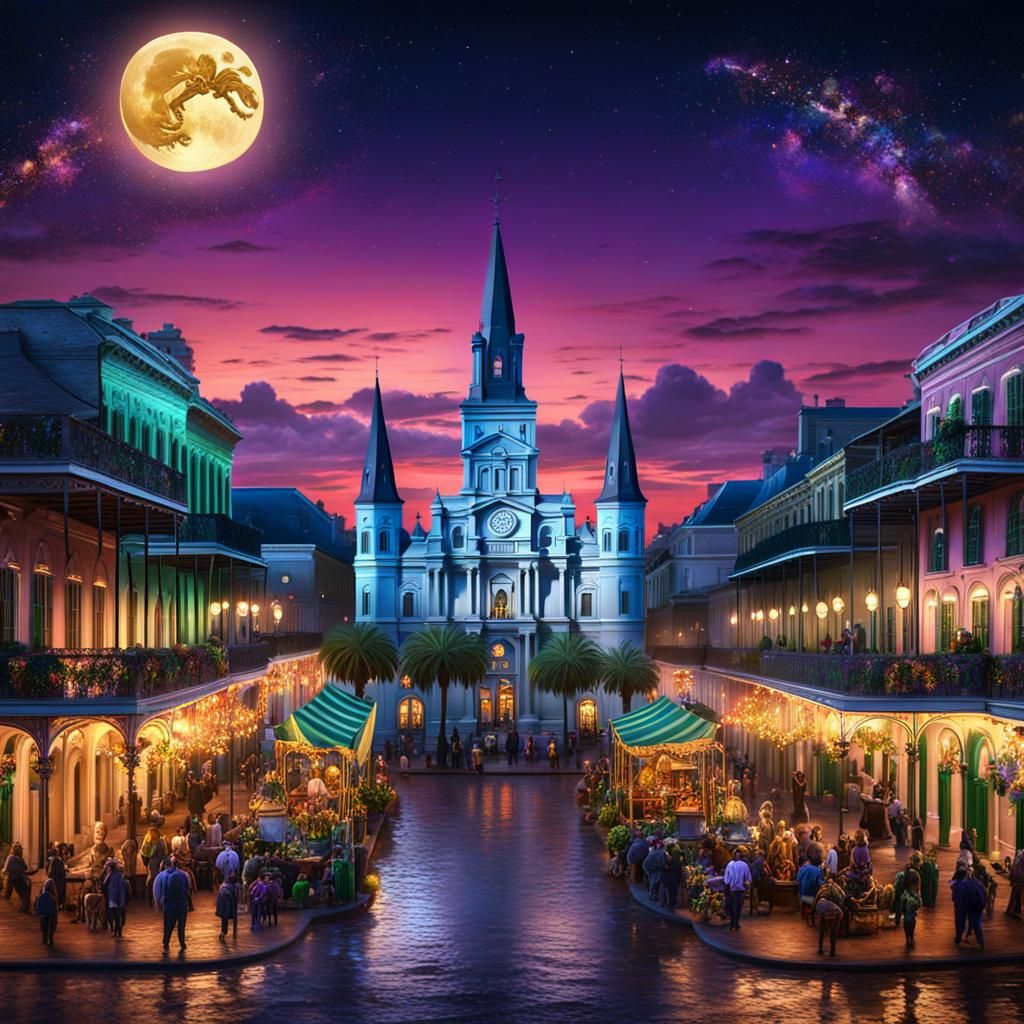 Nighttime Mardi Gras Scene in Jackson Square